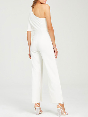 シンプルなウェディングジャンプスーツ アイボリー ワンショルダー キュロット ブライダルドレス