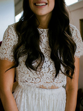 自由ho放に生きるウェディングドレスラインジュエルネック半袖足首の長さのレース二枚の花嫁衣装