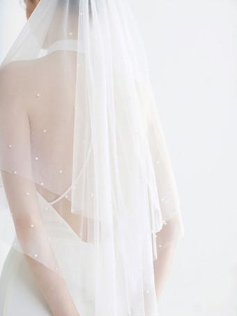 Ivory Wedding Veils One-Tier Tulle Finished Edge Waterfall Long Bridal Veil  - Milanoo.com