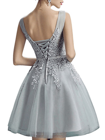 ライトグレー カクテルドレス ゴージャスショート Aライン Vネック ノースリーブ レースビーズ ミニチュールウエディングドレス