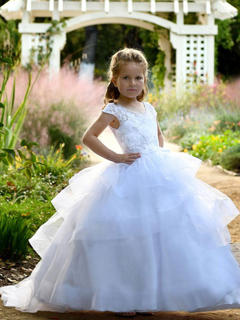 フラワーガールドレスジュエルネック半袖サッシ床長さ子供パーティードレス