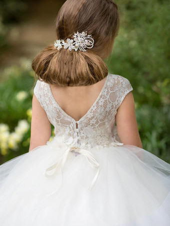 フラワーガールドレスジュエルネック半袖サッシ床長さ子供パーティードレス