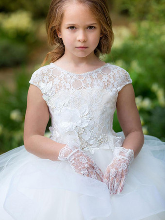 フラワーガールドレスジュエルネック半袖サッシ床長さ子供パーティードレス