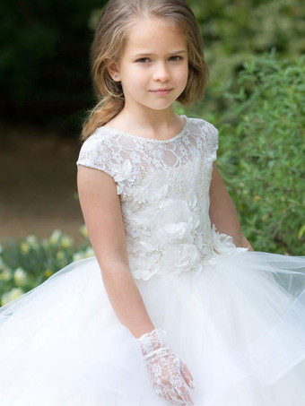 フラワーガールドレスジュエルネック半袖サッシ床長さ子供パーティードレス