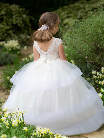 フラワーガールドレスジュエルネック半袖サッシ床長さ子供パーティードレス