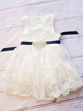 フラワーガールドレスジュエルネックノースリーブサッシレースフォーマルキッズページェントドレス