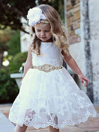 Blumenmädchenkleider Jewel Neck Sleeveless Sash Lace Formale Kids Pageant Kleider