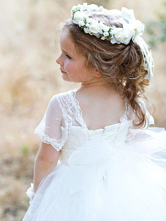 フラワーガールドレスジュエルネックチュール半袖床長プリンセスシルエット弓正式な子供ページェントドレス