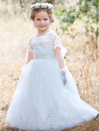 Abiti da ragazza di fiori Gioiello Collo Tulle Maniche corte Lunghezza del pavimento Principessa Silhouette Archi Abiti da spettacolo per bambini formali