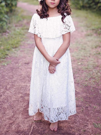 フラワーガールドレスジュエルネックレース半袖足首の長さAラインプリーツフォーマルキッズページェントドレス