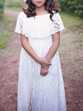 フラワーガールドレスジュエルネックレース半袖足首の長さAラインプリーツフォーマルキッズページェントドレス