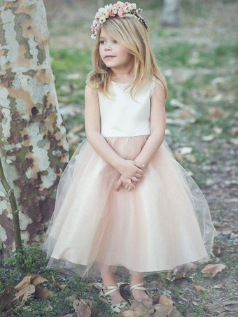 Blumenmädchenkleider Champagne Jewel Neck Sleeveless formelle Festzugkleider für Kinder