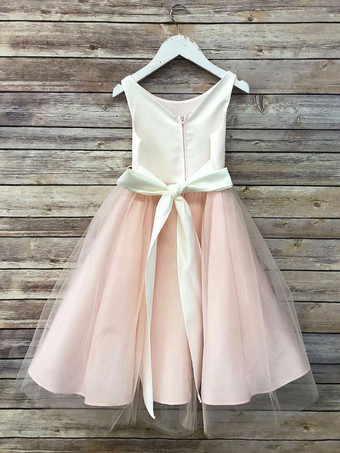 フラワーガールドレスサテンジュエルネックノースリーブフラワーアンクル丈サッシュキッズパーティードレス