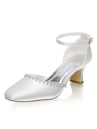 アンクルストラップウェディングシューズスクエアトゥツーパートミッドヒールブライダルシューズ