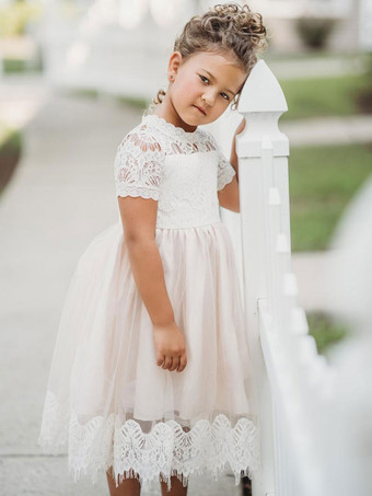 Vestidos de niña de las flores Cuello joya Mangas cortas Vestidos de fiesta para niños