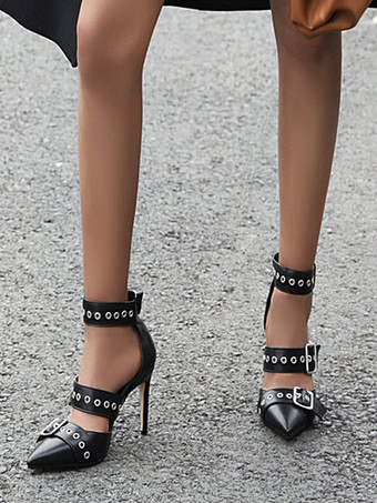 レディースパンプスポインテッドトゥスチレットヒールバックルプラスサイズブラックハイヒール