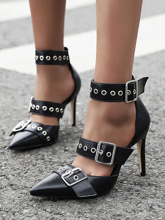 レディースパンプスポインテッドトゥスチレットヒールバックルプラスサイズブラックハイヒール