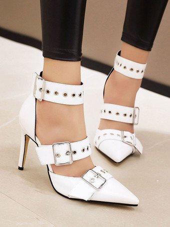 ホワイト レディースパンプスポインテッドトゥスチレットヒールバックルプラスサイズブラックハイヒール