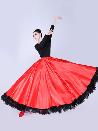 レッド パソドブレダンススカートレースフリルフルスイングラテンダンサーパフォーマードレス