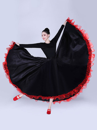 ブラック パソドブレダンススカートレースフリルフルスイングラテンダンサーパフォーマードレス