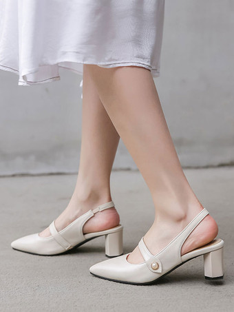 スリングバックローヒールポインテッドトゥブロックヒールパンプスウィメンズプラスサイズシューズ