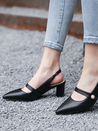 スリングバックローヒールポインテッドトゥブロックヒールパンプスウィメンズプラスサイズシューズ