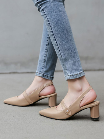 スリングバックローヒールポインテッドトゥブロックヒールパンプスウィメンズプラスサイズシューズ