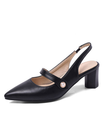 ブラック スリングバックローヒールポインテッドトゥブロックヒールパンプスウィメンズプラスサイズシューズ