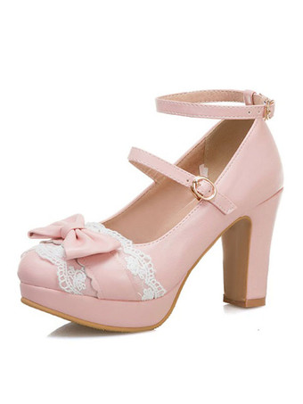 ピンク ロリータシューズ 甘い ボウレースPUレザー プラットフォーム チャンキーヒール ロリータシューズ