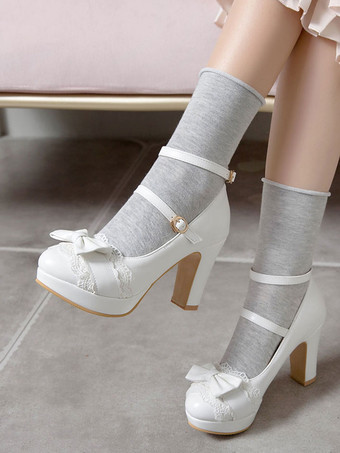 ロリータシューズ 甘い ボウレースPUレザー プラットフォーム チャンキーヒール ロリータシューズ