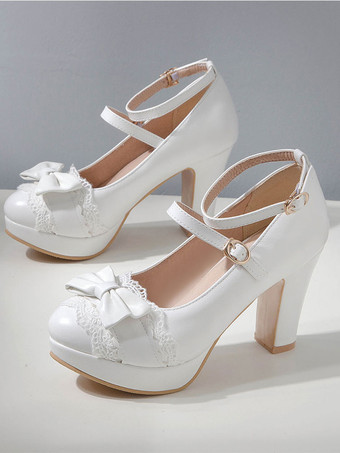 ロリータシューズ 甘い ボウレースPUレザー プラットフォーム チャンキーヒール ロリータシューズ