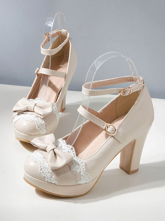 アイボリー ロリータシューズ 甘い ボウレースPUレザー プラットフォーム チャンキーヒール ロリータシューズ