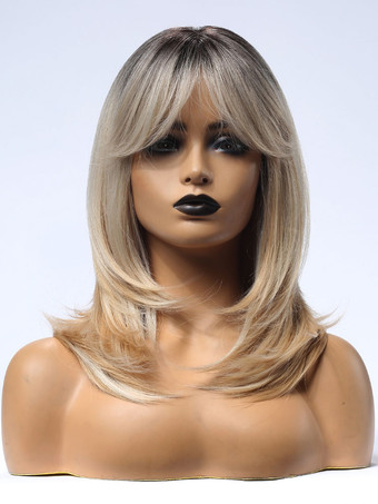 女性用ロングウィッグライトゴールドストレートレーヨンシックレイヤードショート合成ウィッグ