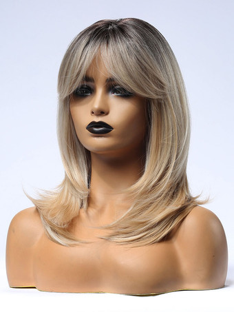 女性用ロングウィッグライトゴールドストレートレーヨンシックレイヤードショート合成ウィッグ