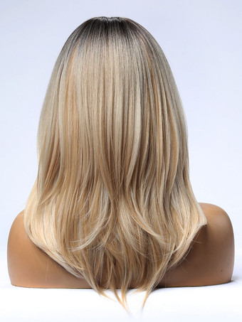 女性用ロングウィッグライトゴールドストレートレーヨンシックレイヤードショート合成ウィッグ