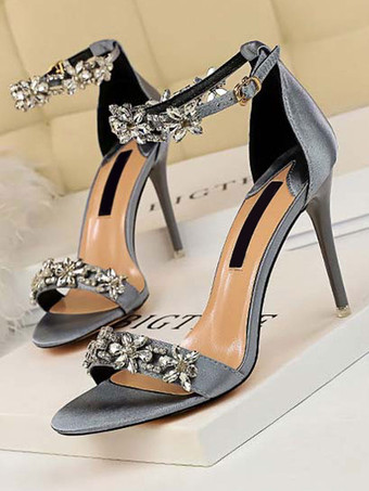 シルバー ブラッククリスタルサンダルクリスタルアンクルストラップスティレットハイヒールウエディングシューズ