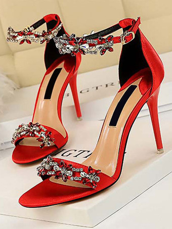 レッド ブラッククリスタルサンダルクリスタルアンクルストラップスティレットハイヒールウエディングシューズ