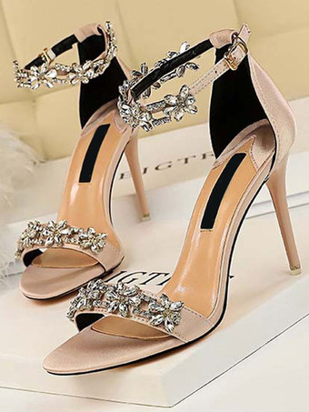 ピンクブラッククリスタルサンダルクリスタルアンクルストラップスティレットハイヒールウエディングシューズ