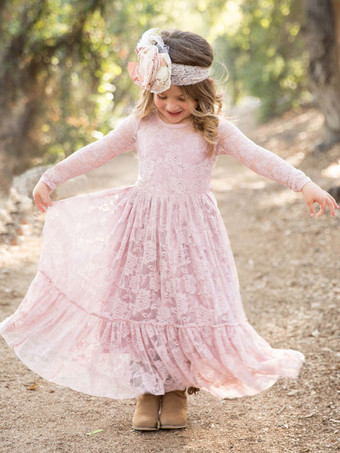 Flor menina vestido de noiva laço rosa em torno do pescoço manga comprida tornozelo comprimento crianças vestidos de festa