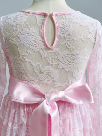 フラワーガールのウェディングドレスレースピンクラウンドネック長袖足首の長さキッズパーティードレス