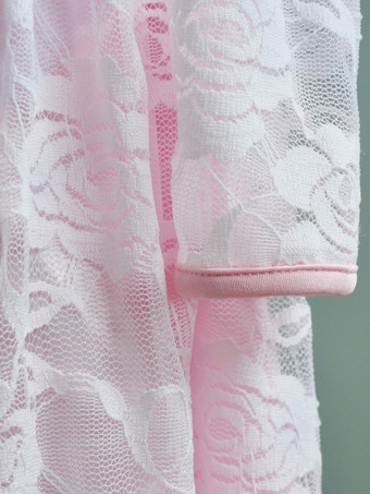 フラワーガールのウェディングドレスレースピンクラウンドネック長袖足首の長さキッズパーティードレス