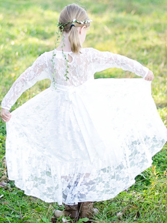 Robe de fille de fleur blanche Robe à col rond en dentelle manche longue