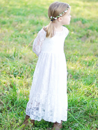 Robe de fille de fleur blanche Robe à col rond en dentelle manche longue