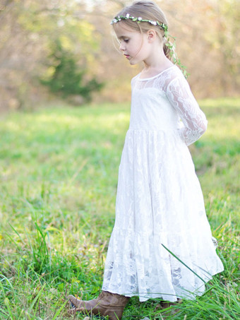 Robe de fille de fleur blanche Robe à col rond en dentelle manche longue