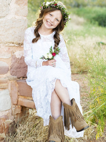 Robe de fille de fleur blanche Robe à col rond en dentelle manche longue