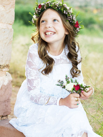 Robe de fille de fleur blanche Robe à col rond en dentelle manche longue