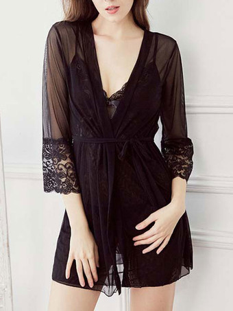 ブラック ローブ ベビードール パンティセット 3点 ライラック レース セクシー ランジェリー