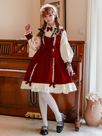 Sweet Lolita OP Dress Lace Ruffles Burgundy Bows Pleat Knee Length Long Sleeve Lolita One Piece Dresses