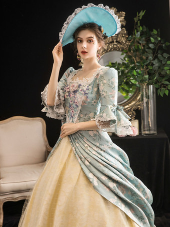 ロココレトロコスチューム女性花柄マリーアントワネットコスチュームマスカレードボールガウンドレス