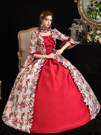 赤いレトロ衣装フリル弓花柄プリントドレスマリーアントワネット衣装女性マスカレード夜会服